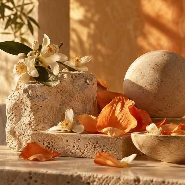 Editorial artwork for Andrea (Thero) Casotti: Mediterranean flower petals on geometric stone forms with warm orange and sandy gold tones.