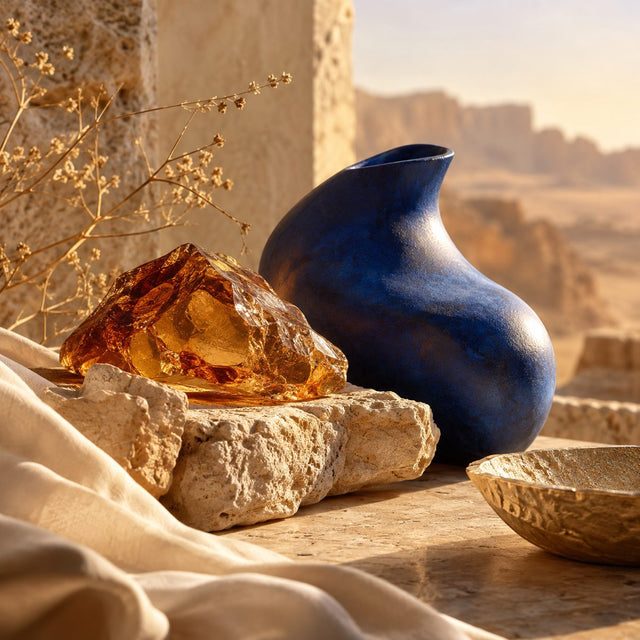 Editorial artwork for Andy Tauer: amber-colored resin and dry desert stone beside a cobalt blue unmarked ceramic shape, golden desert atmosphere.