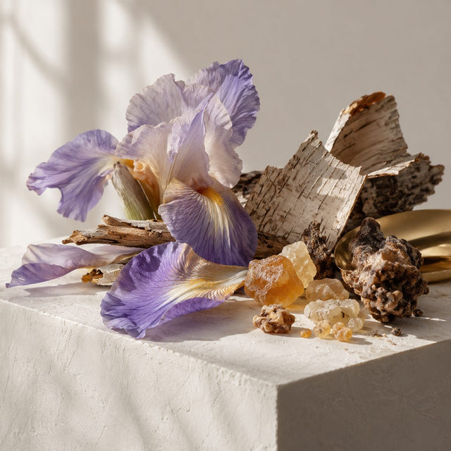 Editorial artwork for Annick Ménardo: iris petals, incense resins and pale birch bark on a clean white sculptural plinth.
