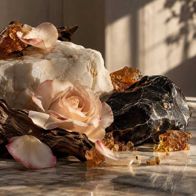 Editorial artwork for Antoine Lie: contrasting black and white polished stones, amber resins and rose petals, conceptual chiaroscuro.
