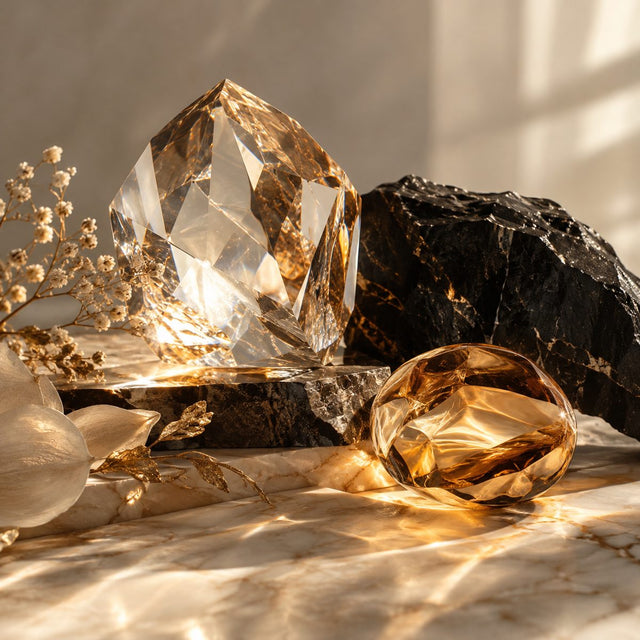 Editorial artwork for Basel Bin Jabr: a clear faceted crystal, black stone and gentle golden amber glass reflections, jewel-inspired abstraction.
