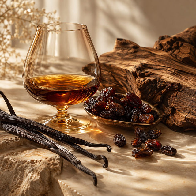 Editorial artwork for Béatrice Cointreau: cognac-colored glass, raisins and oak wood with vanilla pods on a warm cream surface.