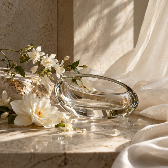 Editorial artwork for Calice Becker: a graceful clear glass oval, white flowers and soft ivory textile on luminous stone.