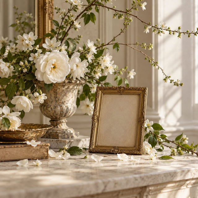 Editorial artwork for Camille Goutal: delicate garden branches, white flowers and an unmarked old photo frame on pale Parisian limestone.