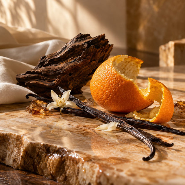 Editorial artwork for Caroline Sabas: orange peel, vanilla and dark wood arranged on subtle amber-toned polished stone.