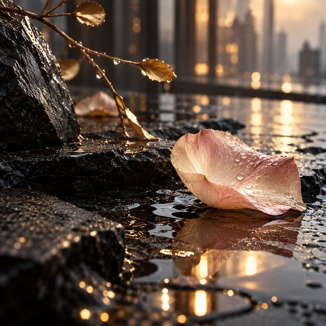 Editorial artwork for Cécile Hua: wet dark slate, abstract iridescent reflections and a delicate rose petal, elegant urban rain mood.