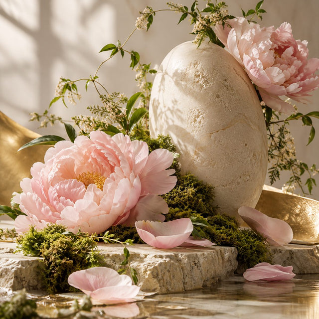 Editorial artwork for Cécile Matton: peony petals and fresh moss around a sculptural pale stone oval, airy green and pink.