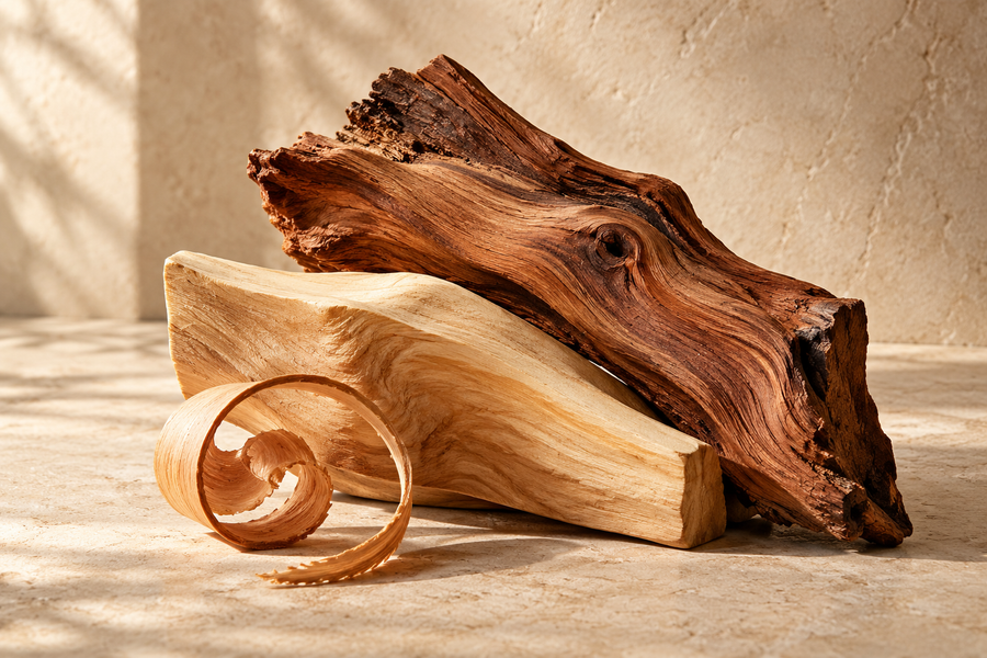 Sculptural wood pieces with a curled shaving