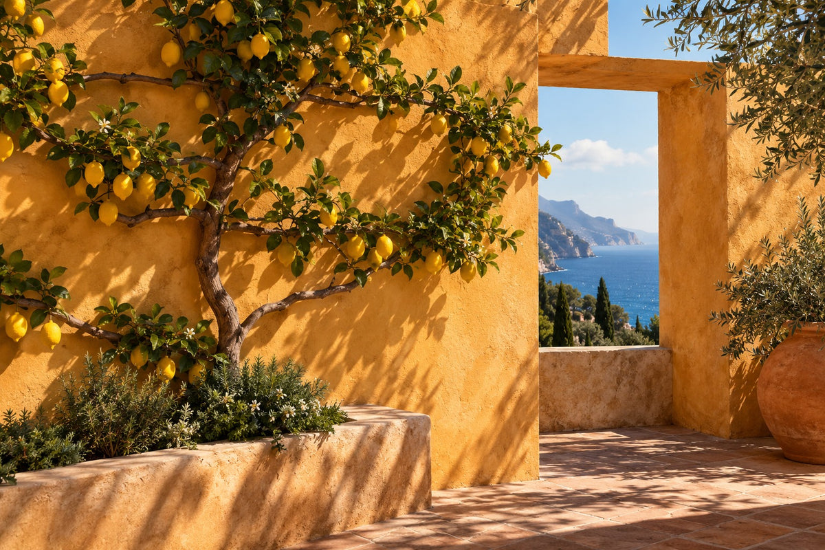 Original editorial photograph of an ochre Italian terrace with a sculptural lemon tree and distant blue sea