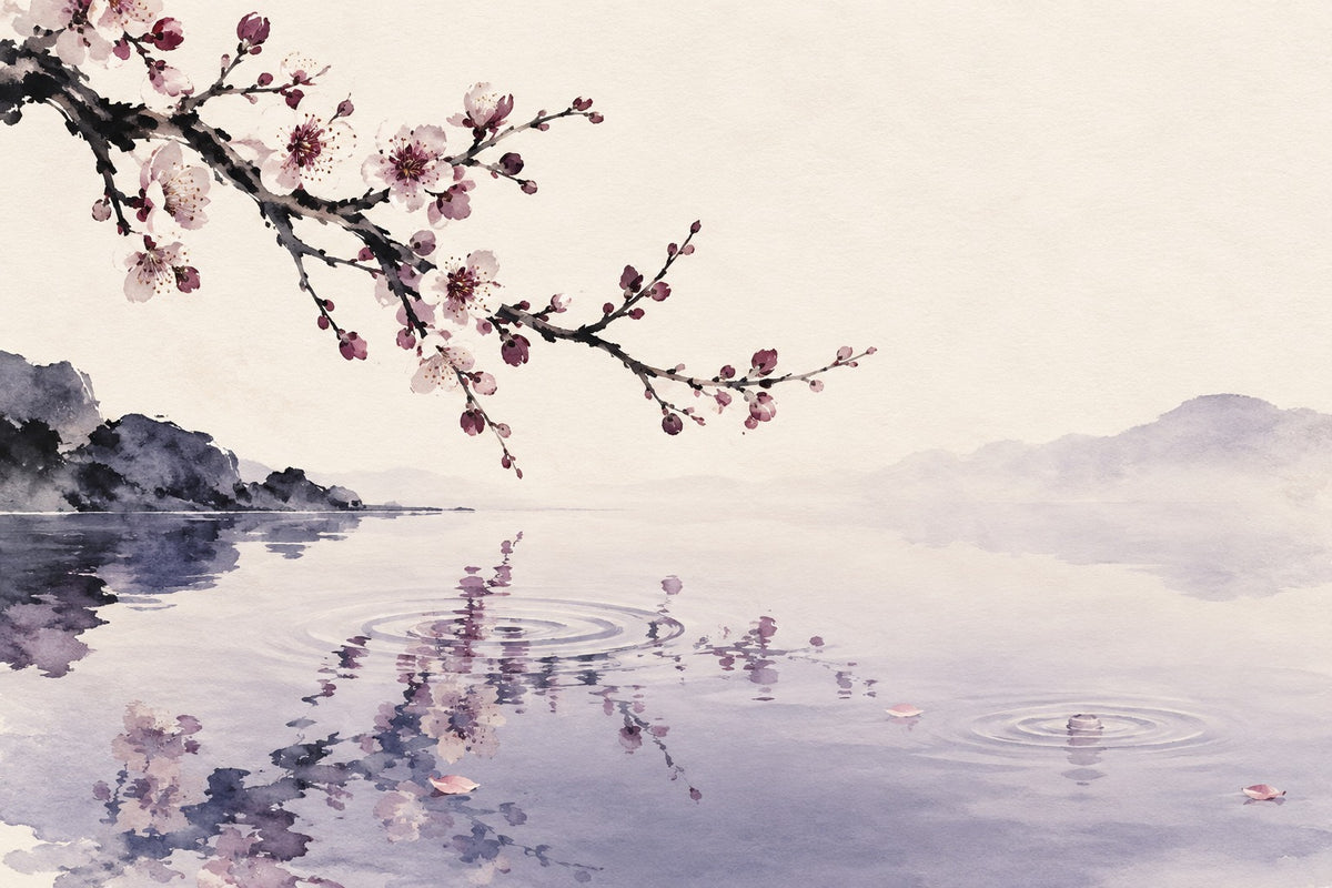 Original Japanese-inspired ink and watercolor painting of a plum branch reflected in still lavender water