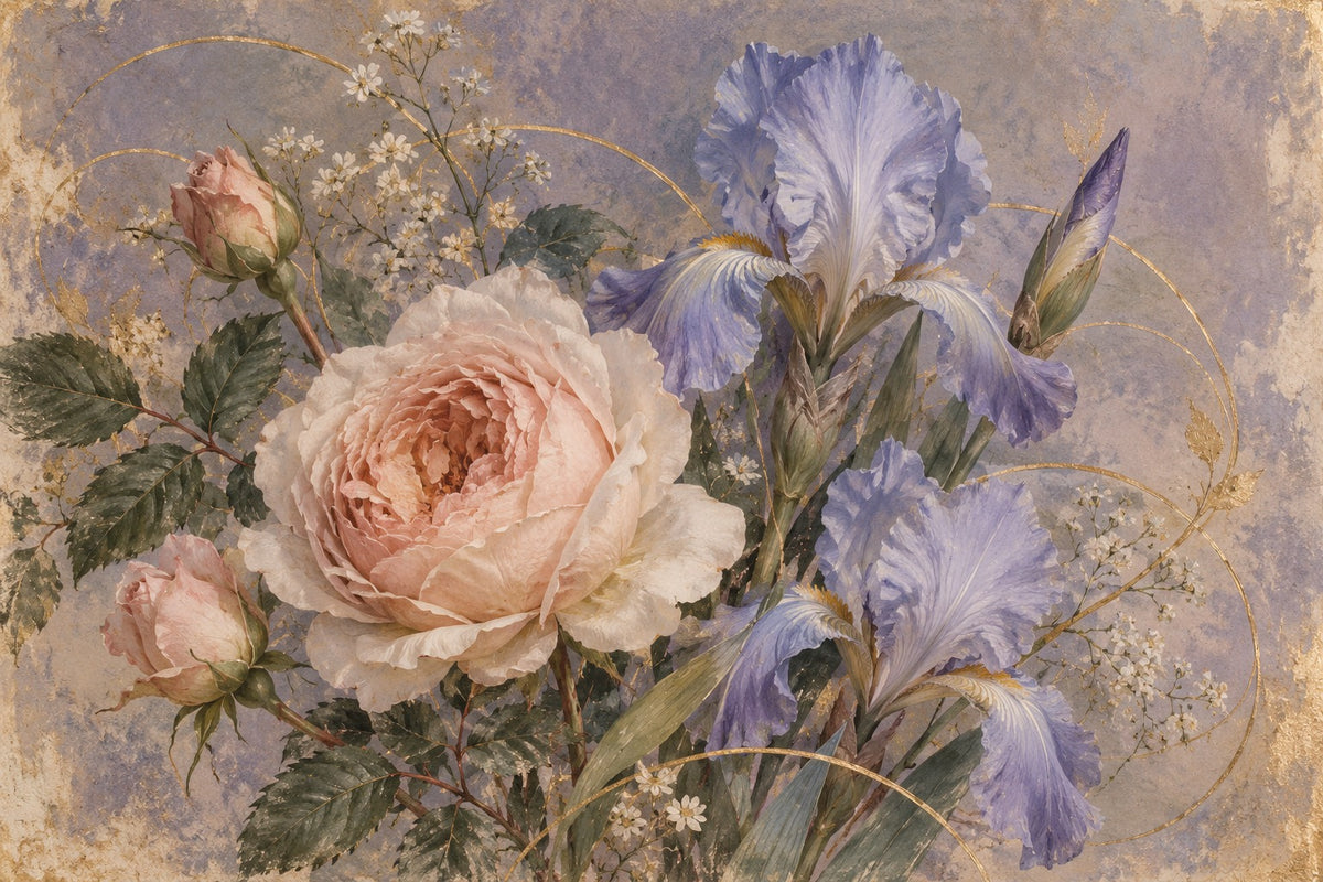 Original hand-painted archival floral study on lavender-grey with delicate gilt-like linework