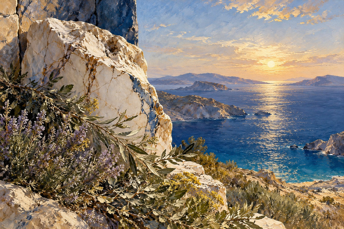 Original painted Greek coastal landscape with an abstract marble fragment and blue shadow