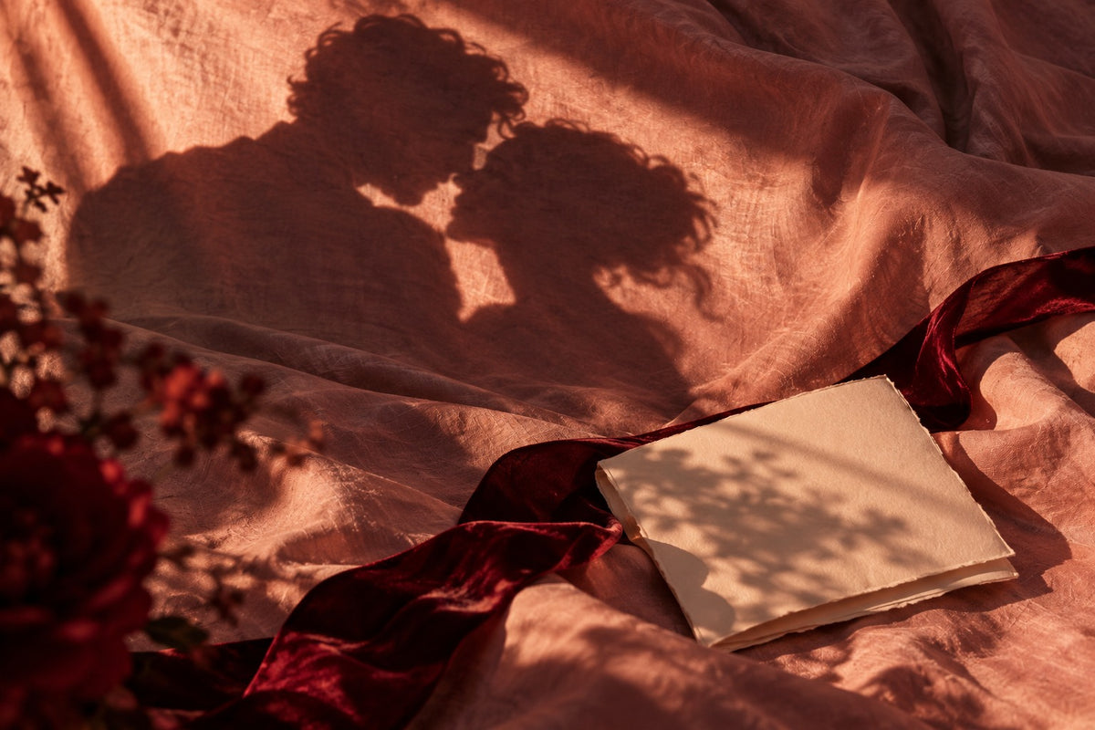 Overlapping shadows, a blank letter and red ribbon on rose linen
