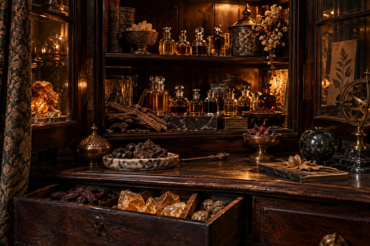 A collector’s cabinet with glass essences and bronze details