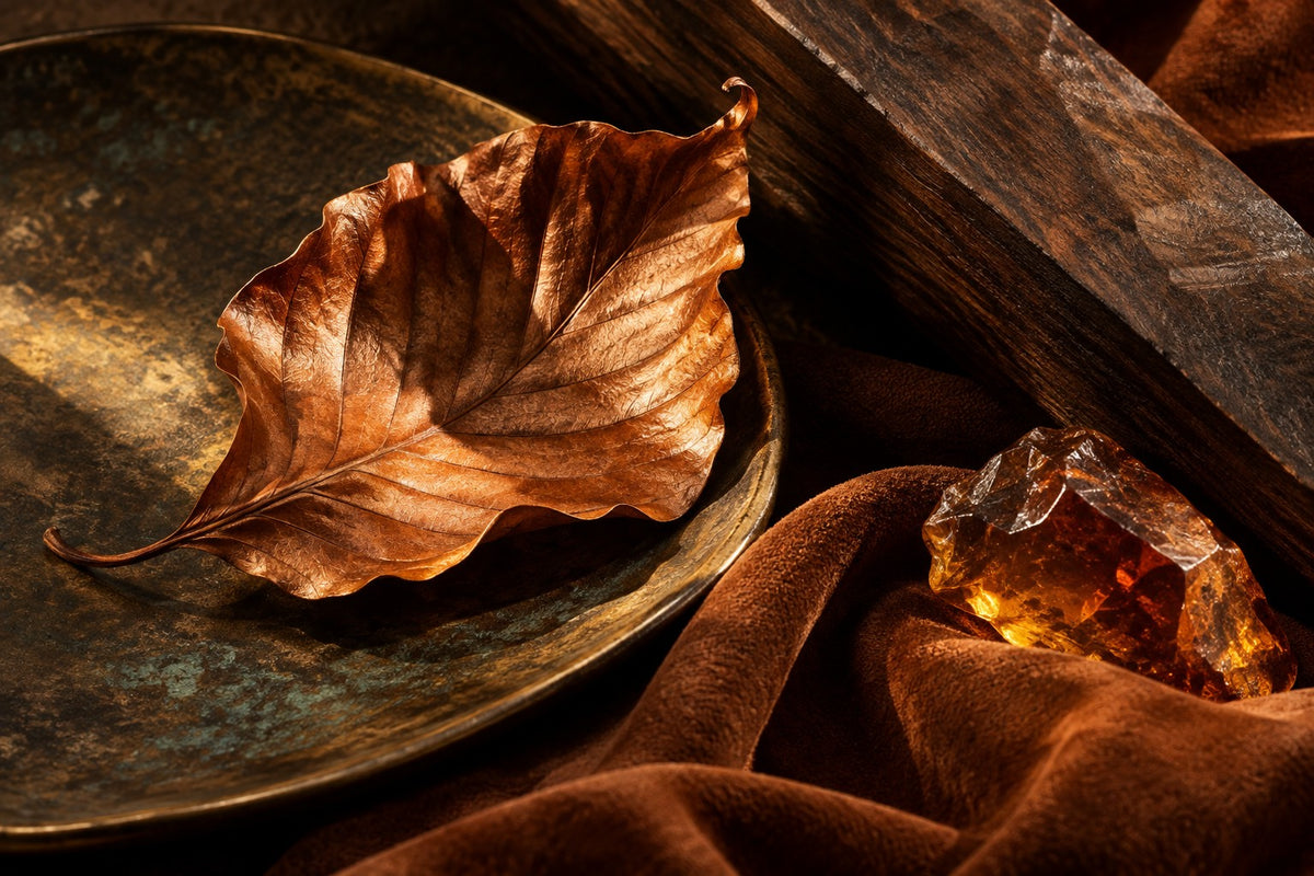 Copper beech leaf, patinated bronze, cognac suede and amber resin in slanting autumn light