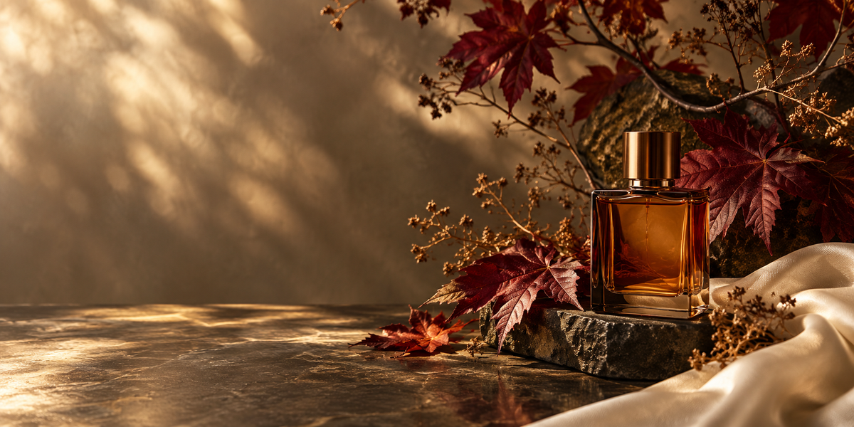 Elegant fall fragrance still life with burgundy leaves and amber bottle