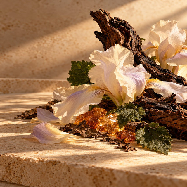 Editorial artwork for Geza Schoen: pale iris petals, patchouli leaves and sculptural dark wood arranged on warm ivory limestone.