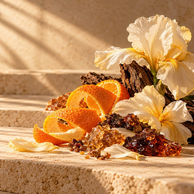 Editorial artwork for Gian Luca Perris: orange peel, pale iris, myrrh resin and labdanum arranged on warm ivory limestone.
