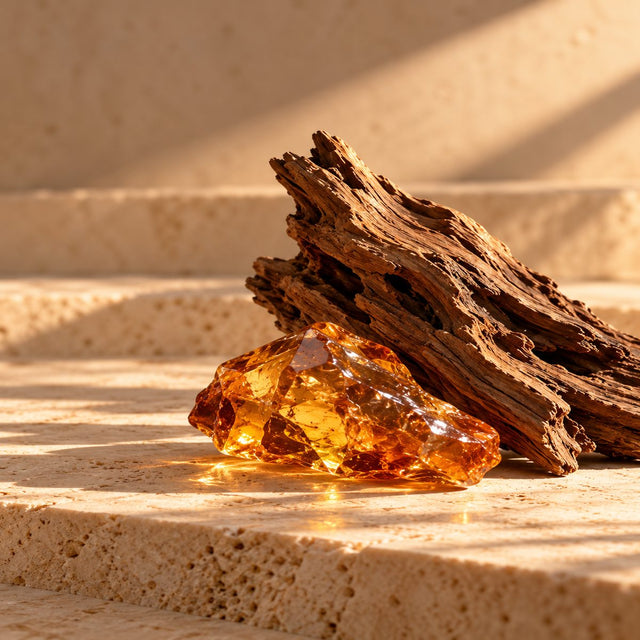 Editorial artwork for Gino Percontino: polished amber resin and a single piece of textured cedar arranged on warm ivory limestone.