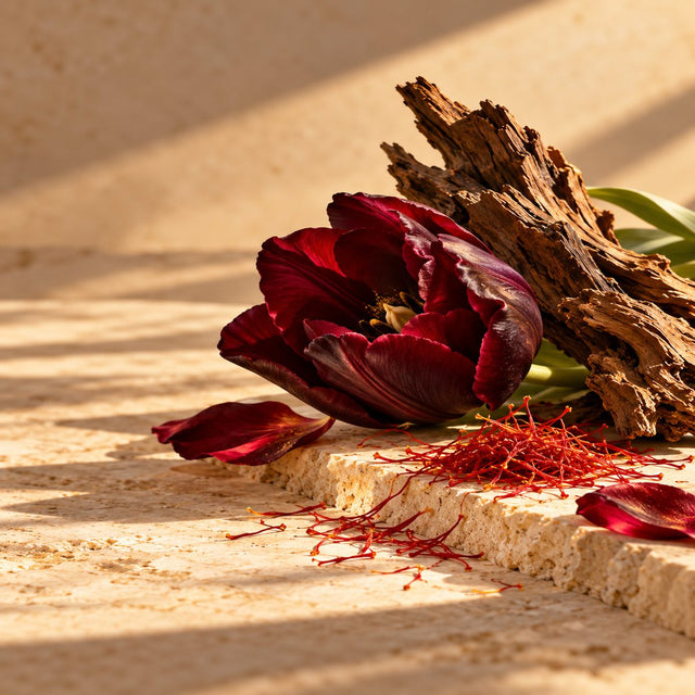 Editorial artwork for Giorgia Navarra: a dark red flower, saffron threads and cedarwood arranged on warm ivory limestone.