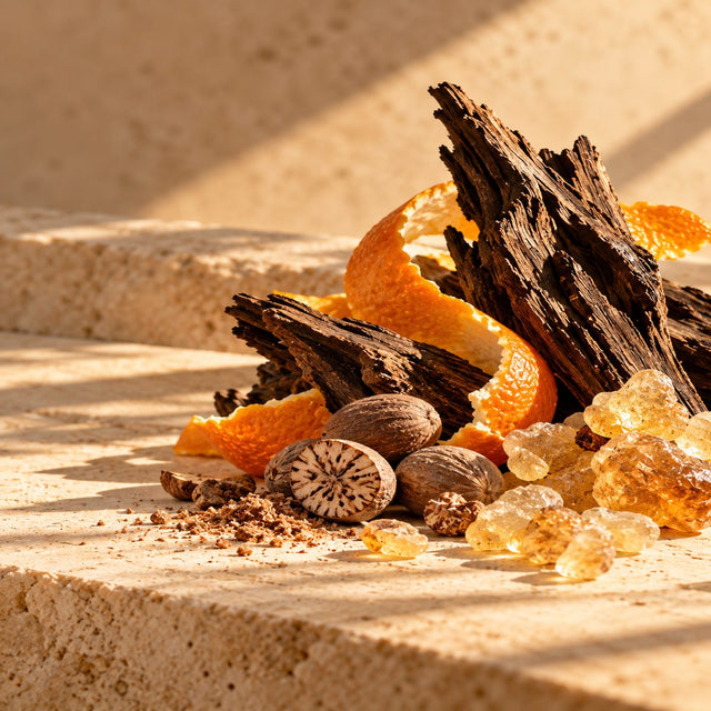Editorial artwork for Guillaume Flavigny: oud wood, nutmeg, mandarin peel and elemi resin arranged on warm ivory limestone.