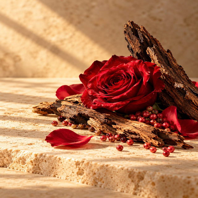Editorial artwork for Hedi Slimane: a rose, oud wood and a hint of pink pepper arranged on warm ivory limestone.