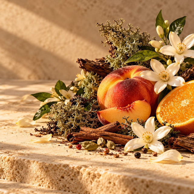 Editorial artwork for Hiram Green: oakmoss, peach, orange blossom and spices arranged on warm ivory limestone.