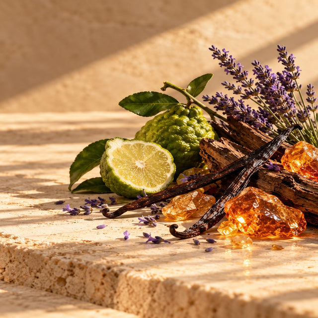 Editorial artwork for Irene Farmachidi: bergamot, lavender, vanilla pods and amber resin arranged on warm ivory limestone.