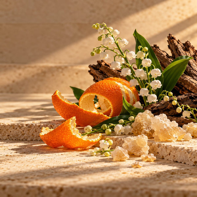 Editorial artwork for Jacques Cavallier: orange peel, lily of the valley and white incense resin arranged on warm ivory limestone.