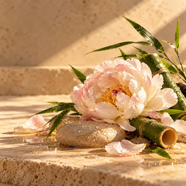 Editorial artwork for Jacques Chabert: pale peony, bamboo and water droplets on smooth stone arranged on warm ivory limestone.