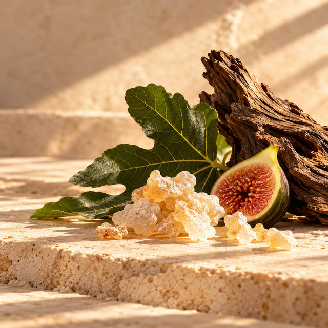 Editorial artwork for James Heeley: white incense resin, green fig leaf and a small piece of driftwood arranged on warm ivory limestone.