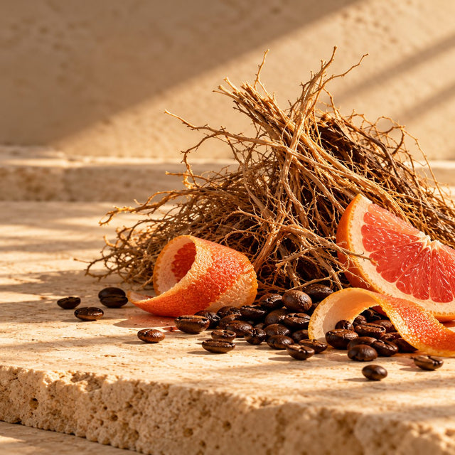 Editorial artwork for Jason Atherton: vetiver roots, grapefruit peel and coffee beans arranged on warm ivory limestone.