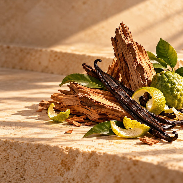 Editorial artwork for Jean Charles Mignon: cedarwood, vanilla pods and bergamot peel arranged on warm ivory limestone.