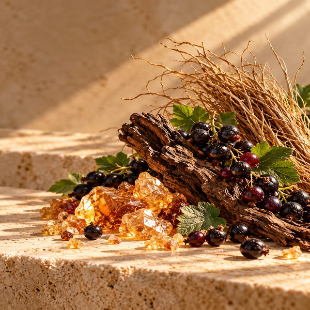 Editorial artwork for Jean Christophe Herault: blackcurrants, incense resin and vetiver arranged on warm ivory limestone.