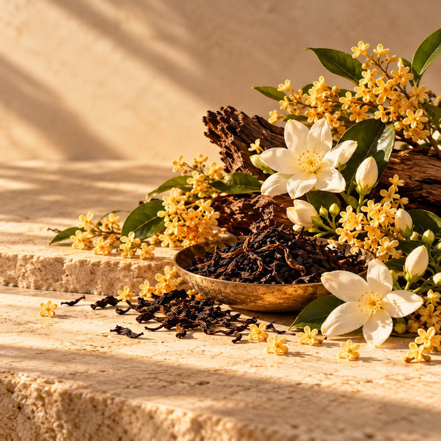 Editorial artwork for Jean Michel Santorini: osmanthus flowers, jasmine and black tea leaves arranged on warm ivory limestone.
