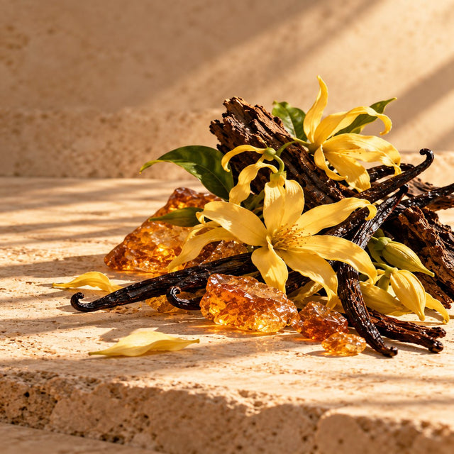 Editorial artwork for Jean-Claude Astier: ylang ylang blossoms, vanilla and amber resin arranged on warm ivory limestone.