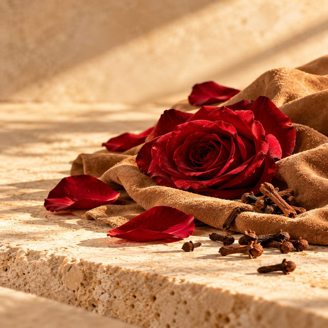 Editorial artwork for Jean-Claude Ellena: a rose, soft suede-textured fabric and warm clove arranged on warm ivory limestone.