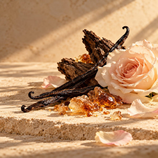 Editorial artwork for Jean-Paul Guerlain: Bourbon vanilla pods, benzoin resin and a pale rose arranged on warm ivory limestone.