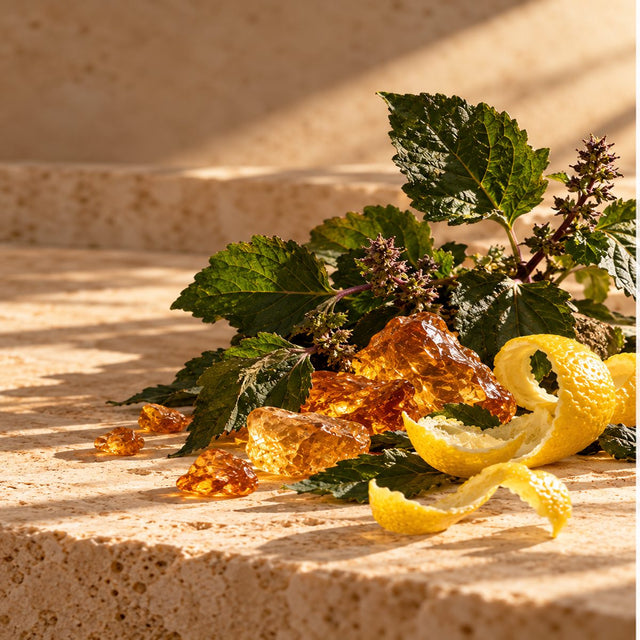 Editorial artwork for Jean-Paul Millet Lage: patchouli leaves, amber resin and fresh lemon peel arranged on warm ivory limestone.
