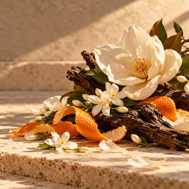 Editorial artwork for Jeanne-Marie Faugier: mandarin peel, jasmine and magnolia blossoms arranged on warm ivory limestone.