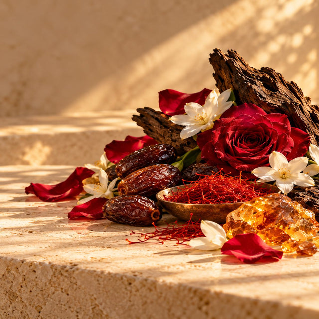 Editorial artwork for Jerome Di Marino: rose petals, dates, saffron and smoky amber resin arranged on warm ivory limestone.
