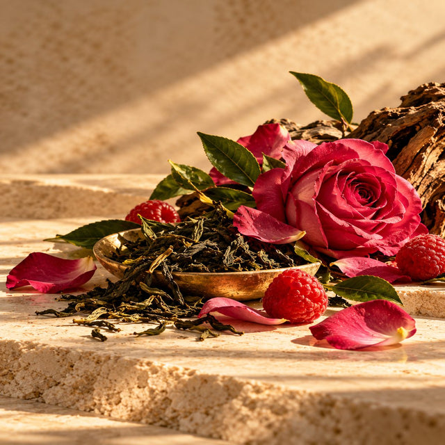 Editorial artwork for John-Paul Welton: green tea leaves, raspberry and Moroccan rose petals arranged on warm ivory limestone.
