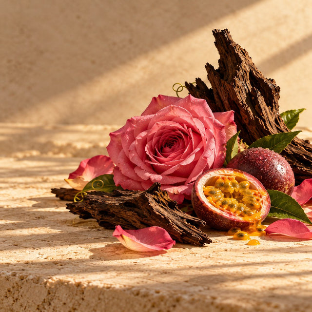 Editorial artwork for Jordi Fernández: a pink rose, passion fruit and oud wood arranged on warm ivory limestone.