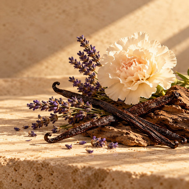 Editorial artwork for Josh Meyer: lavender, vanilla pods and a single pale carnation arranged on warm ivory limestone.
