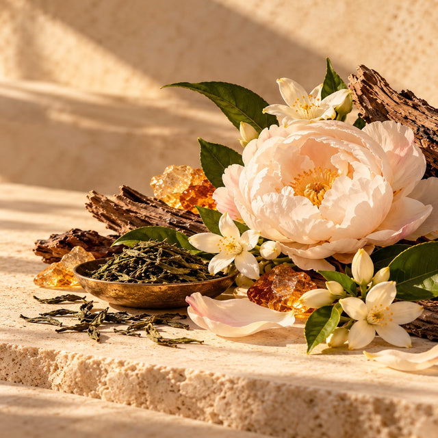 Editorial artwork for Julie Masse: green tea leaves, pale peony and neroli blossoms arranged on warm ivory limestone.