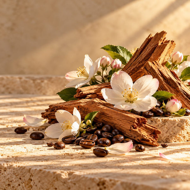 Editorial artwork for Kamila Lelakova: apple blossom, sandalwood and coffee beans arranged on warm ivory limestone.