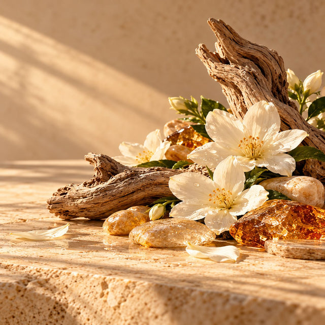 Editorial artwork for Karine Chevallier: white flowers, pale driftwood and smooth watery stones arranged on warm ivory limestone.