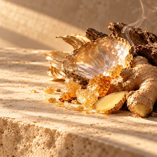 Karine Vinchon-Spehner — original RichandLuxe perfumer editorial still-life on warm ivory stone