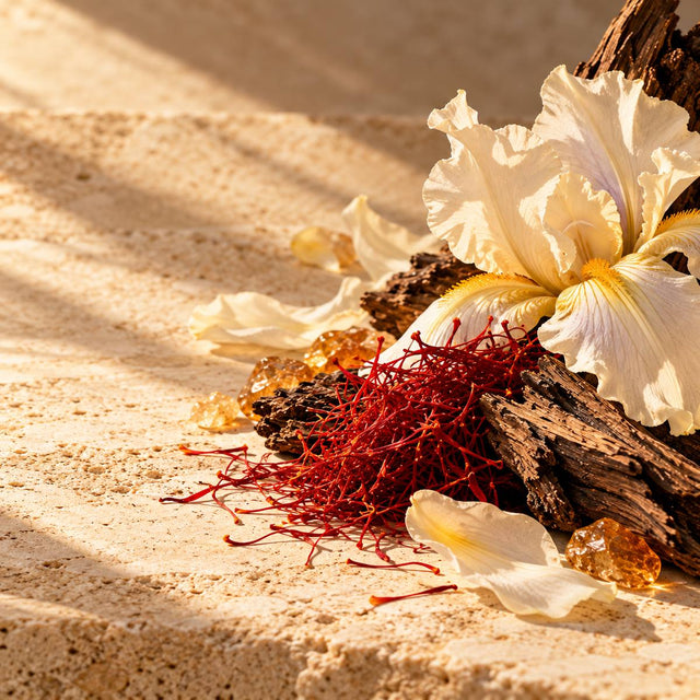 Linda Jayne Pilkington — original RichandLuxe perfumer editorial still-life on warm ivory stone