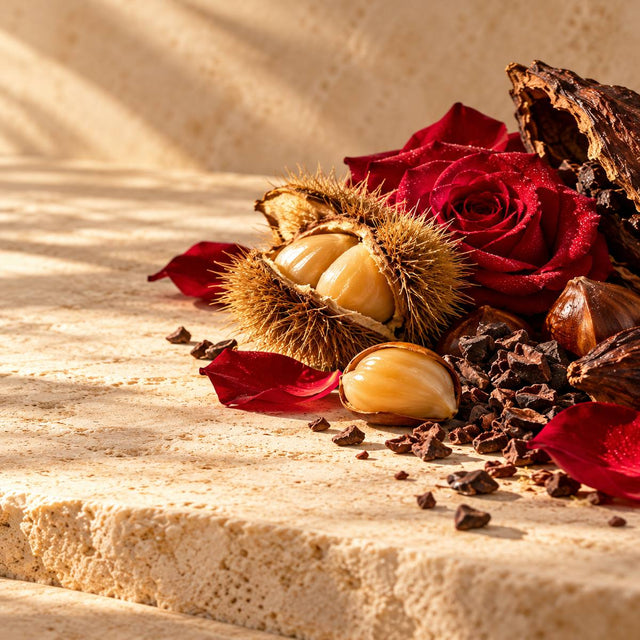 Marie Salamagne — original RichandLuxe perfumer editorial still-life on warm ivory stone
